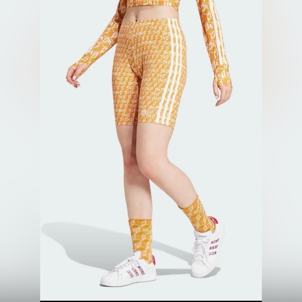 Adidas x Farm Rio Orange Logo Print Bike Shorts Women’s High Waist Activewear